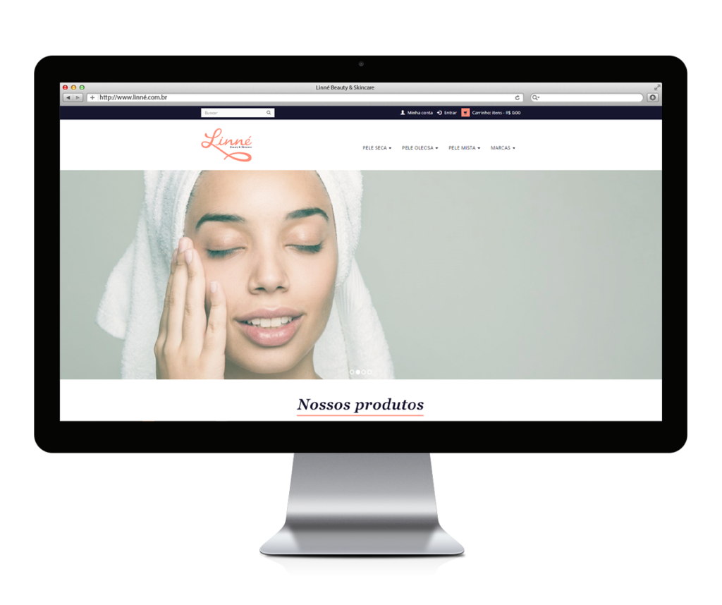 Mockup com loja virtual da marca de cosméticos Linné Beauty e Skincare desenvolvido pela Simples.